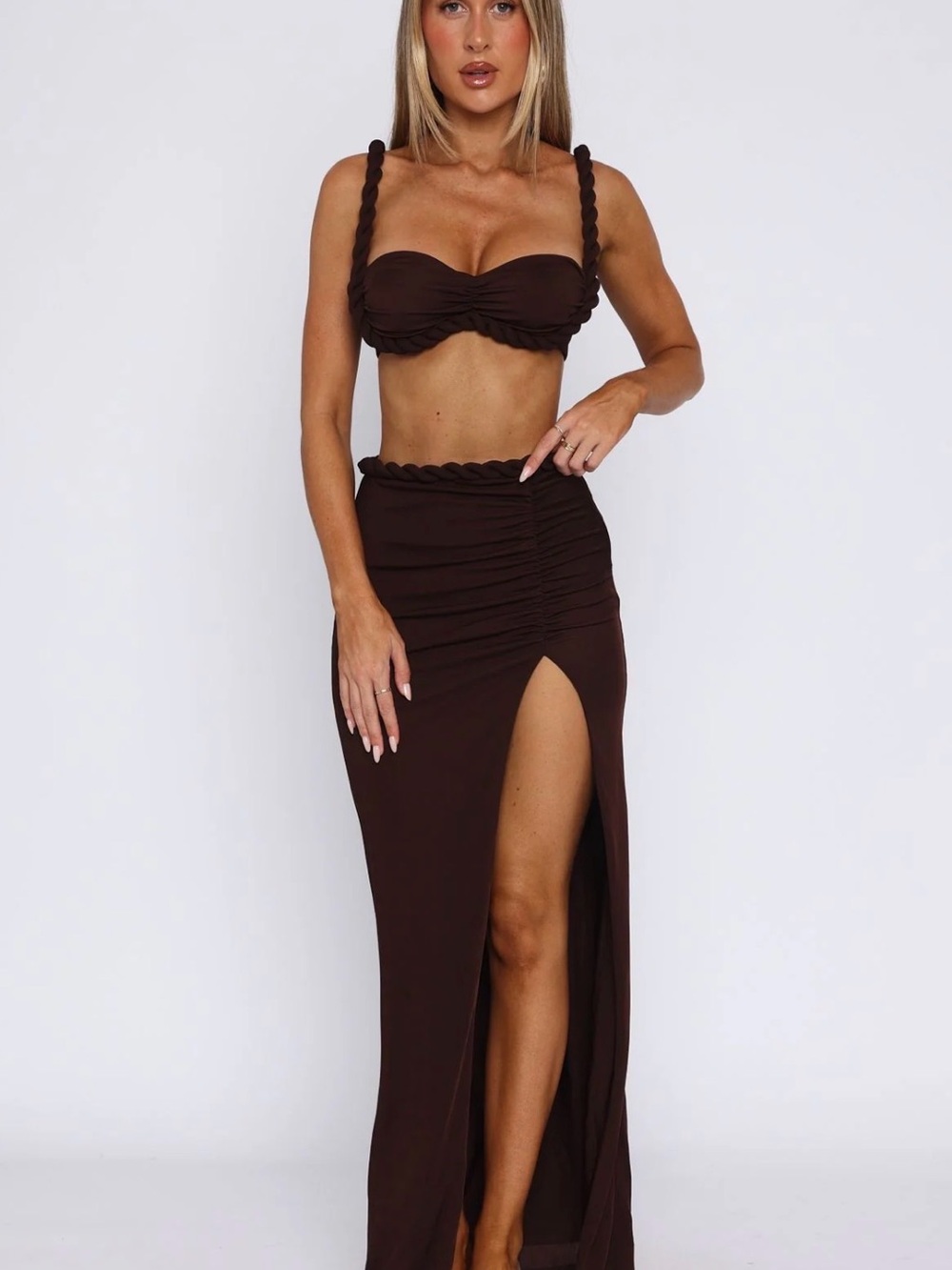 White Fox Boutique Chocolate Brown High-Slit Maxi Skirt & Bra Top Set